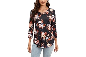 Enmain Damska koszulka tunika z dekoltem w szpic, rękaw 3/4, topy z długim rękawem, plus size, jednokolorowe/z nadrukiem, elegancka bluzka