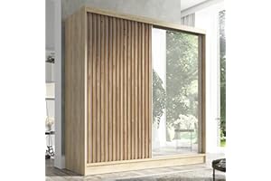 ‎A&J MÖBELLAND A&J MöbelLand Lina Sliding Door Wardrobe 200 cm with Mirror, 3 Drawers and 3D Slats (Sonoma)