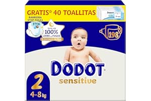 Dodot Pañales Bebé Sensitive, Talla 2 (4-8 kg), 198 Pañales + Regalo de 40 Toallitas Aqua Pure 99% Agua, Hasta 12 h De Protección Antifugas y Cuidado de la Piel, Pack Mensual