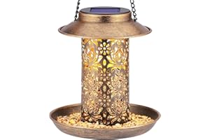ACOMOK Solar Bird Feeder with Garden Lantern - Outdoor Hanging Wild Bird Feeder for Cardinals, Includes S Hook for Bird Lovers(Copper)