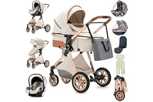 Zkiprm Passeggino 3 in 1, Trio Passeggino Neonati Con Seggiolino Auto e Cestino Per Dormire, Passeggino Leggero Che Si Ripiega Premendo un Pulsante, Passeggino Combinato Con Telaio Alto in Alluminio