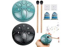 BORDEAG Lot de 2 tambours à langue en acier de 7,6 cm - 6 tons - Tambour de pluie - Avec sac en tissu - Maillets et livre de musique - Mini pan Drum pour yoga, guérison par le son, méditation