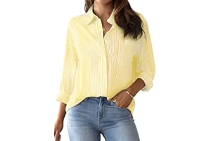 NONSAR Elegancka bluzka damska z długim rękawem w paski, koszule z guzikami, na co dzień, do biura, pracy, bawełna, tunika, koszula, top