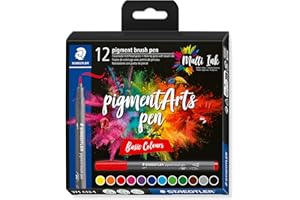 STAEDTLER Brush Pen Pigment Arts, colores básicos, Premium Dibujo, Punta de pincel para ancho de línea variable,impermeable,12 rotuladores en colores básicos surtidos en estuche de cartón, 371 C12-1