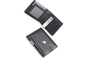 WONSEFOO Wallet Mens, Leather Wallet, RFID Blocking Wallets for Men UK with Money Clip, Coin Pocket, Card Holders & ID Window. Slim Bi-fold Carbon Fibre Wallet with Gift Box - Black