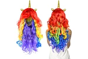 YIZHIXIANGQ Peluca Unicornio,60cm Peluca Unicornio Mujer,Peluca Arcoiris Niña,Con Orejas Y Cuernos, Adecuado para Cosplay, Fiesta de Unicornios, Fiesta de Pelucas, Halloween, Carnaval(C)