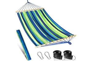Anyoo Outdoor Garden Hammock with 120CM Wooden Spread Bars, Large Cotton Hammock with Portable Carry Bag and Hanging Straps, Perfect for Patio Yard Beach Camping