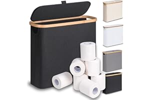 efluky Kosz do przechowywania papieru toaletowego, 28 l, z pokrywką, bambusowy, organizer łazienkowy, na 9-12 rolek papieru toaletowego, idealny do wąskich pomieszczeń (czarny)