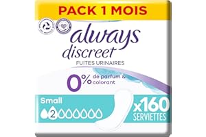 Always Discreet 0%, 160 Serviettes Hygiéniques Incontinence Femme, Small 2 Gouttes, Protection Absorbante pour Fuites Urinaires Légères ou post accouchement, Pack 1 Mois