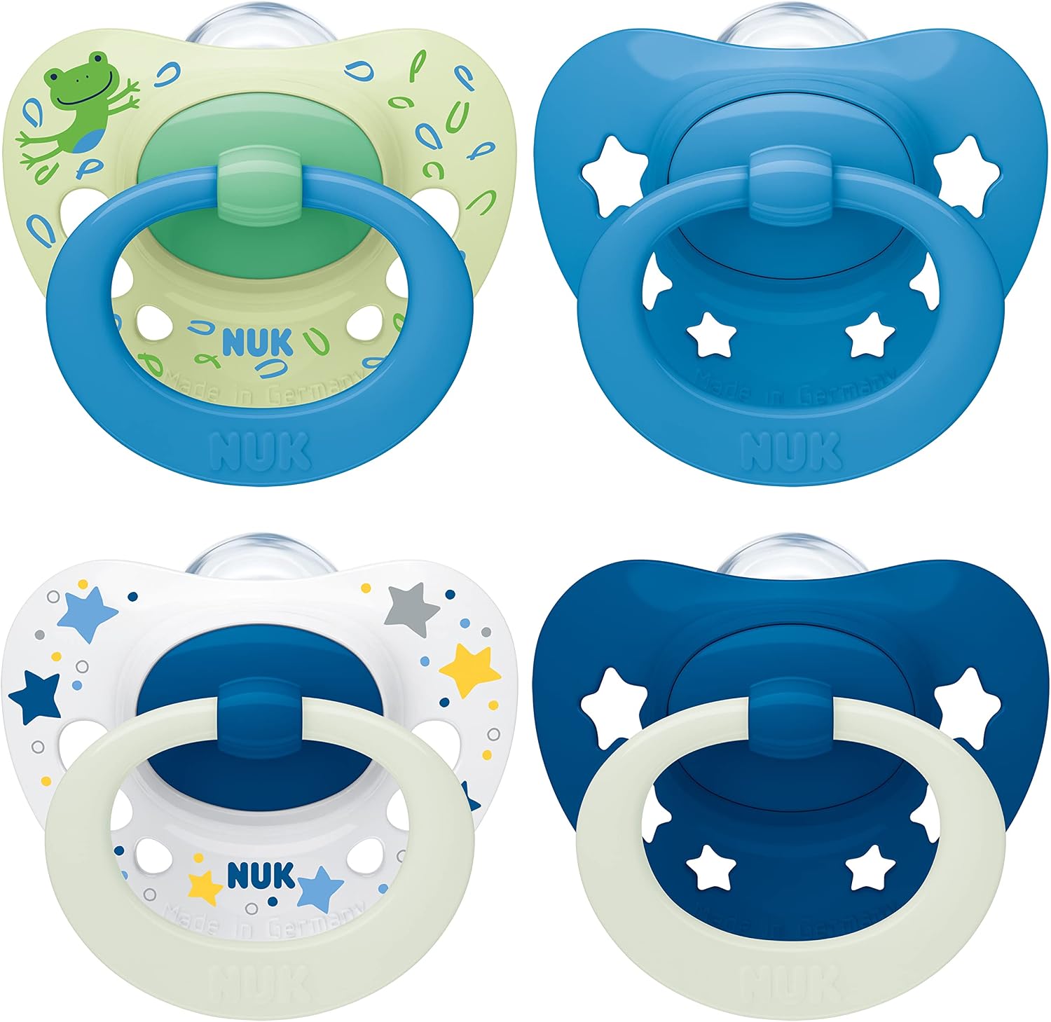 NUK Signature Day & Night Baby Dummy | 6-18 months | Soothes 95% of Babies | Heart-Shaped BPA-Free Silicone Soothers | Glow-in-the-Dark | Stars | 4 Count