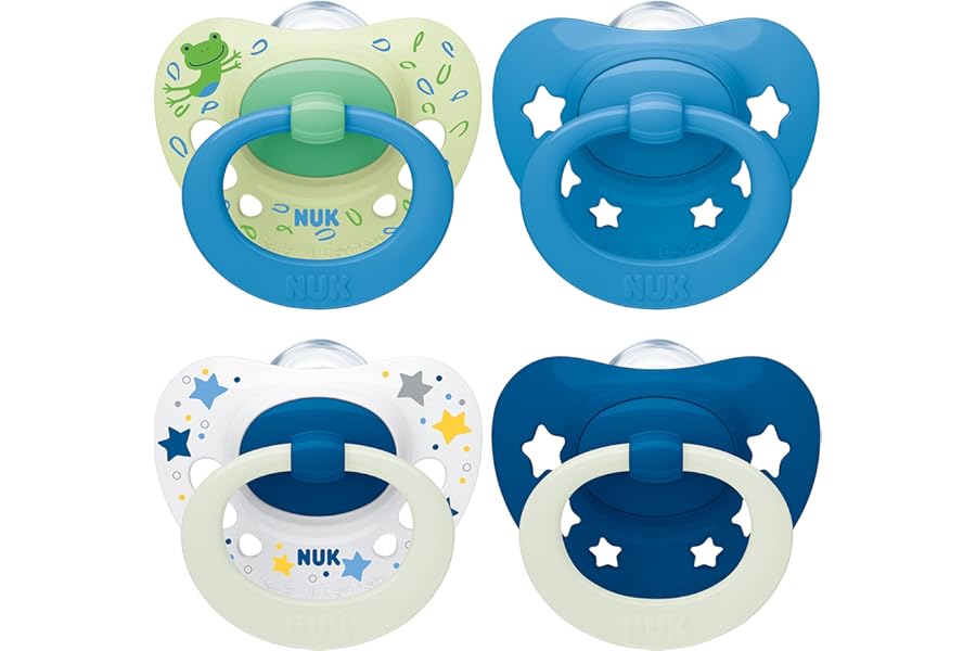 NUK Signature Day & Night Baby Dummy | 6-18 months | Soothes 95% of Babies | Heart-Shaped BPA-Free Silicone Soothers | Glow-in-the-Dark | Stars | 4 Count