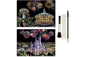 ARTSPER Scratch & Engraving Arts Paper(16"x11.2") for Teens & Adults, Rainbow Sketch Painting Landscape Scratchboard, Craft Kits : 2 Pack with 4 Tools - Drawing Pens, Brush(Castle/Amusement Park)