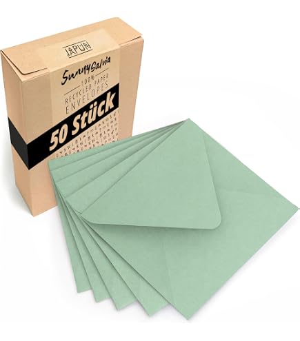 Set di 75 biglietti pieghevoli, quadrati, con buste, incollaggio a umido, 15 x 15 cm, per biglietti di auguri, inviti e molto altro, colore verde eucalipto