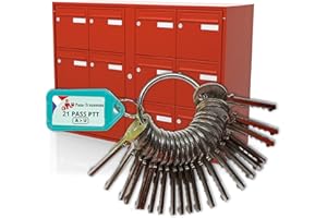 PASS-TROUSSEAU.FR Trousseau 21 Clés Pass PTT Universel - Ouvre Serrures Boîtes aux Lettres & Immeubles (Norme La Poste) - Acier Nickelé - Clés du Facteur A à U incluant T10 F10