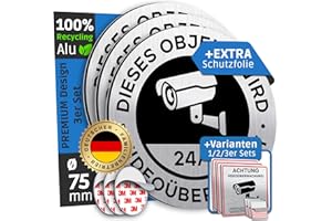 ‎SCHILDERBOXX SCHILDERBOXX® 3er Set Achtung Videoüberwachung Schild Klein [Ø75mm, 100% Alu, 3M Tape] - Aufkleber Kameraüberwachung, Grundstück Videoüberwacht, Video Überwachung Privatgrundstück, Kamera Überwacht