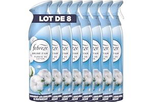 Febreze Spray Désodorisant Pureté De Coton 1480ML (8 X 185 ML), 2 En 1 Combat Les Odeurs Et Rafraîchit