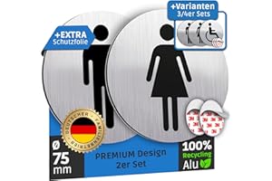 ‎SCHILDERBOXX SCHILDERBOXX® WC Schild Selbstklebend - 2er Set Toilettenschild Damen und Herren [Ø75mm, 100% Alu, 3M Tape] – Türschild Toilette Aufkleber Tür, WC-Schilder, Toilettenschilder