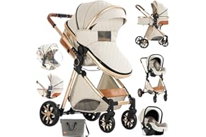 Aveainelle Kinderwagen 3 in 1, Faltbarer Kinderwagen Set, Bequemer Multifunktionaler Kombikinderwagen 3 in 1 Komplettset (V9 Creamy White)