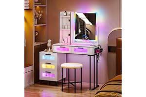 Lvifur Tavolo da toeletta RGB con ricarica wireless e porta USB, tavolo da toeletta con sette colori, dimmerabile, per camera da letto con sgabello imbottito, 5 cassetti