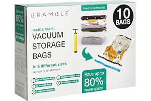 BRAMBLE 10-pack kraftiga vakuumförvaringspåsar set med pump, kompressionspåsar för täcken, kläder, filtar – 2 jumbo | 2 XL