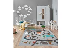 the carpet Happy Life - Alfombra Infantil, Alfombra de Juego, Lavable, Antideslizante, Gris, 140 x 200 cm