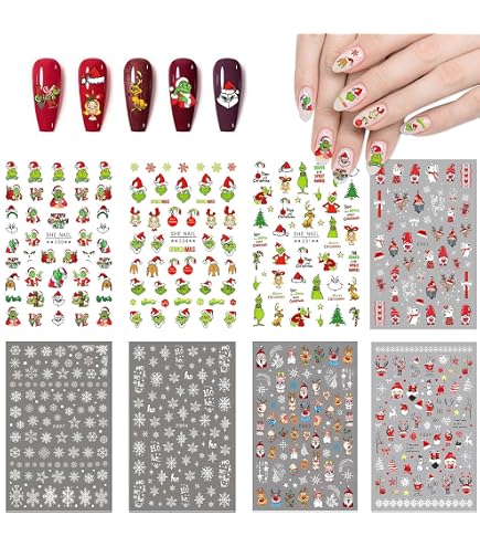 TELAIN Weihnachts-Nagelaufkleber – 4 Bögen Mit Santa, Schneeflocken, Elch & Mehr – DIY Maniküre Sticker Für Festliche Nägel