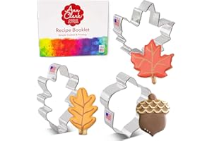 Ann Clark Cookie Cutters Juego de 3 cortadores de galletas otoño/Acción de Gracias con libro de recetas, hoja de roble, hoja de arce y bellota - Acero fabricado en EE. UU.