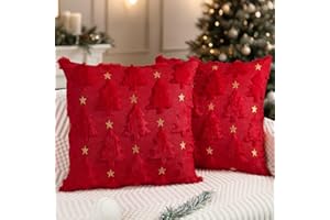 Miaikoe Christmas Cushion Covers 50x50 cm Set of 2 Red Christmas Tree Star Pillow Cases Soft Plush Faux Fur for Holiday Winter Home Coach Sofa Decorations