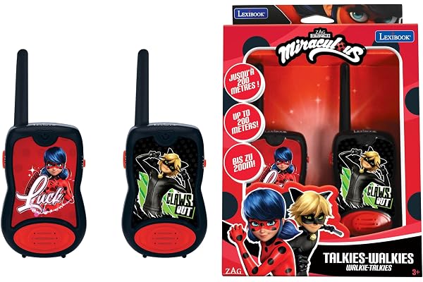 Lexibook - Miraculous Talkies-Walkies 200m, Jeu de Communication pour Enfant, 2 canaux de Communication, Clip Ceinture, Noir/Rouge, TW12MILXB