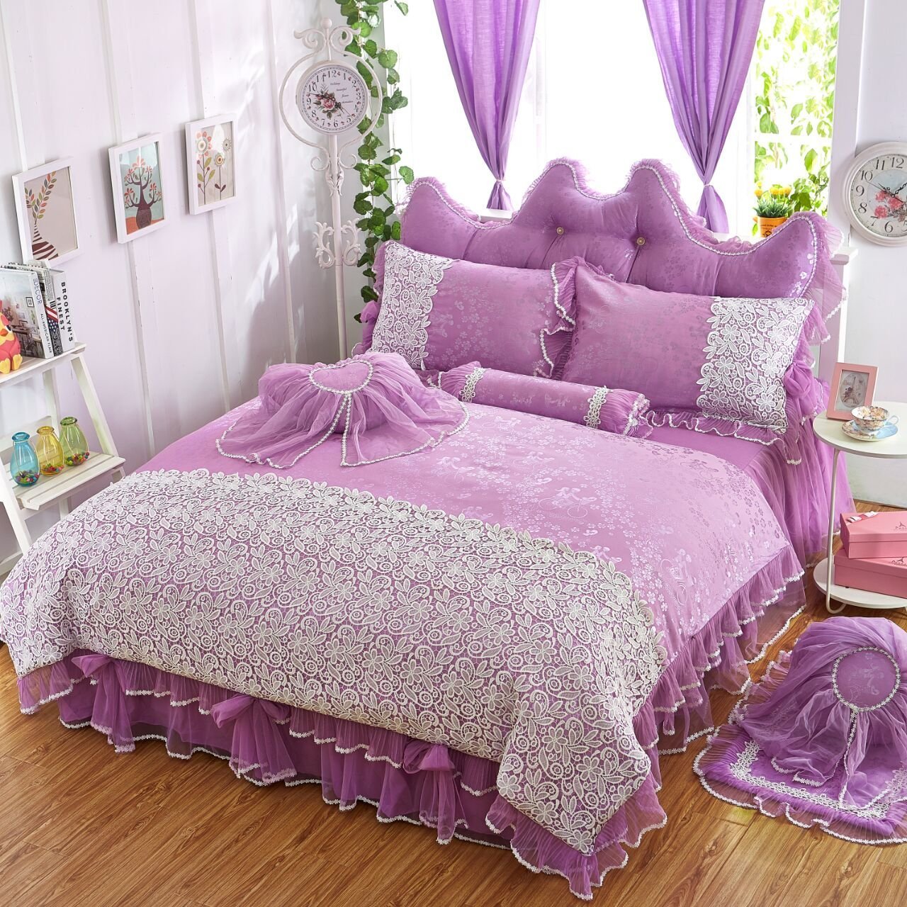 Girls Bedding Sets White Lace Ruffle Duvet Cover Set Princess Bed Skirt