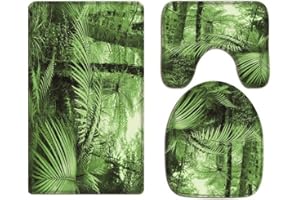 A.Monamour Badezimmer Badematte 3 Teilig Set Tropische Palme Blatt Grün Wald Wild Dschungel Landschaft Teppich Für Toilettenartikel Flanell Saugfähig Badteppiche Badvorleger Badgarnitur WC Vorleger