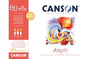 CANSON Acrylic, akrylpapper, målarkorn, 400 gsm, blad, A3-29,7 x 42 cm, naturvit, 10 ark