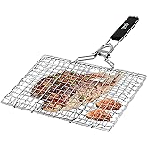 GQC Portable Stainless Steel Grill Basket, Folding Grid with Removable Handle for Fish