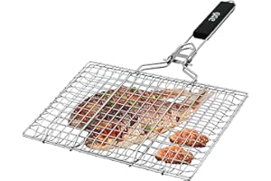 GQC Grillkorb, Tragbarer Grillkorb, Edelstahl Faltbare BBQ Grill Mesh Klemme mit abnehmbarem Griff für Fisch, Steak, Garnelen (33X22cm)