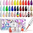 RARJSM Nail Art Gel Liner 24 Color Line Art Painted Gel Nail Polish Set Pink Blue Green Silver Gold Glitter for Nails Painting Drawing Soak Off UV LED Curing Requires Bulid in Thin Nail Art Brush