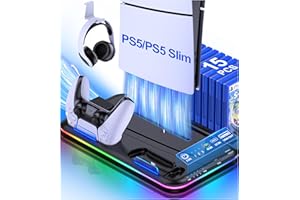 HELLCOOL PS5 Slim Ständer mit PS5 Lüfter, PS5 Standfuß für Alle PS5 Disc/Digital Edition/PS5 Slim, Controller Ladestation/Headset Halterung/15 Spiele Lagerung, Zubehör für 2023 PlayStation 5 Konsole