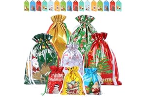 OWill 30 Piezas bolsas regalo navidad con Cordón,bolsas de navidad con 30 Etiquetas,tamaño grande, mediano y pequeño,para regalos de envoltura de Navidad