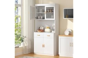 VOWNER Credenza Cucina Alta, Mobile Cucina Dispensa, Mobile Buffet, Mobile Dispensa con 4 Armadietti, Armadio Dispensa, 2 Ripiani Regolabili, MDF, 80L x 40W x 181H cm (Bianco)