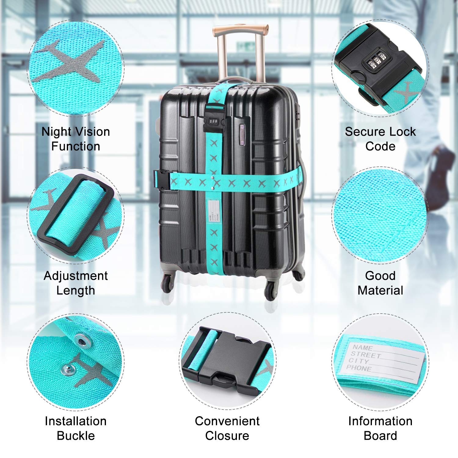 FORMIZON-Sangle-de-Bagage-avec-Serrure--Combinaison-Sangle-Valise-Rglable-Ceinture-Scuris-Sangle-Croise-Voyage-Accessoires-pour-20-32-Valise-Bagage-Scurit-Vert-Rose-Rouge