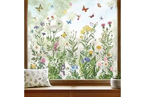 wondever Spring Summer Wild Flowers Window Clings Vintage Wildfloral Butterflies Glass Sticker Decal Anti Collision Double-Side Static Window Stickers for Home Glass Window