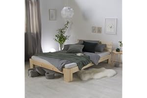 ‎HOMESTYLE4U Homestyle4u Holzbett 160x200 cm Natur Doppelbett mit Lattenrost Massiv aus Kiefer Bett Naturholzbett, Robust und Modern | Artikel 1838