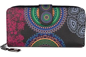 styleBREAKER Damski portfel z motywem kwiatów etno i kwiatów, styl vintage, zamek błyskawiczny, portmonetka 02040040, Czarno-malinowy-zielony-niebieski-żółty, Einheitsgröße, Nowoczesny