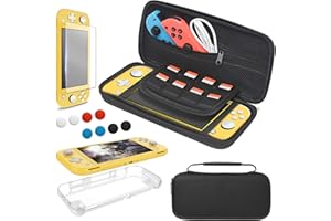 YUANHOT Étui Kit d'accessoires Compatible Avec Nintendo Switch Lite, 4 in 1 Coque et Housse Transparente et Protection Écran en Verre Trempé, Noir