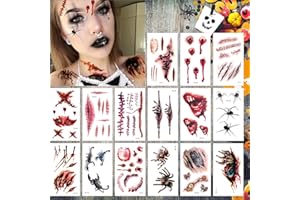 UNEEDME Halloween Tattoos Scars Stickers Zombie Make Up Vampire Temporary Tattoos Halloween Makeup Fake Tattoos Wounds, Waterproof Halloween Face Stickers Cosplay Costume Accessories Women Kids Decorations