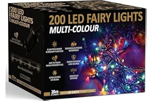 NETTA Christmas Tree Fairy Lights - 20M 200 LED Mains Powered, Waterproof Outdoor String Light with Timer, 8 Modes Plug in Lighting Outside Indoor & Outdoor Garden Xmas Decorations - Multicolour