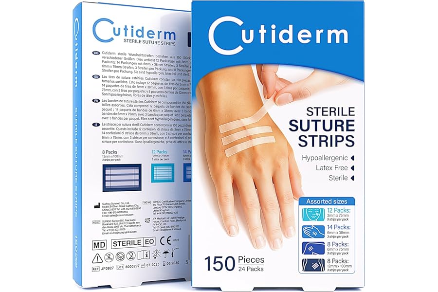 Cutiderm Sterile Skin Wound Closure Suture Strips, 4 Sizes - 150 Strips