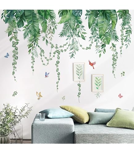Déco Murale Plantes Vertes Autocollantes - Stickers Muraux 3D Réalistes Pour Salon, Chambre, Bureau - Lot De 5 Feuilles PVC Imperméable