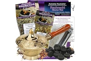 ‎MYTOBAQ RAUHNÄCHTE räuchern 9-TLG Räucher-Set Tiroler RAUHNACHT mit Messing Räucherpfanne, 2X Räuchermischung + WEIHRAUCH + MYRRHE, Anleitung, ZUBEHÖR, Rauhnachtfibel, Lexikon, Täschchen 95740-PG8WOM