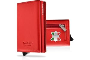 1ONESPO MAGNETIC Portafoglio uomo VERA PELLE - Porta Carte di Credito uomo con Portamonete e Contanti - Protezione RFID 8 tessere, SAFFIANO Rosso
