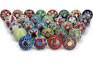 FURNISHFUL FINESSE Multicolore Boutons de Porte D'armoire Boutons de Tiroir en Céramique Ancien Boutons de Commode Pour Tiroir Cuisine et Meubles Placard et Poignées en Laiton - Lot de 30